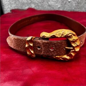 Ellen Tracy Brown Suede Belt with Sculpted Gold Buckle